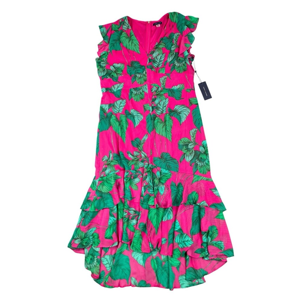 Tommy Hilfiger Ruffle Tropical Dress Womens 16 Pink Green Floral Midi Resort Nwt